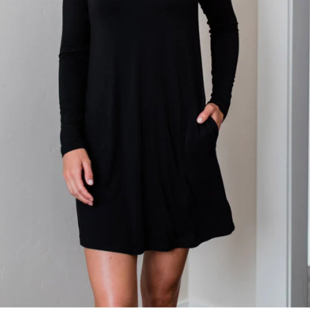Yala Mia Long Sleeve A-line Bamboo Dress Black with Pockets - Picture 2 of 5